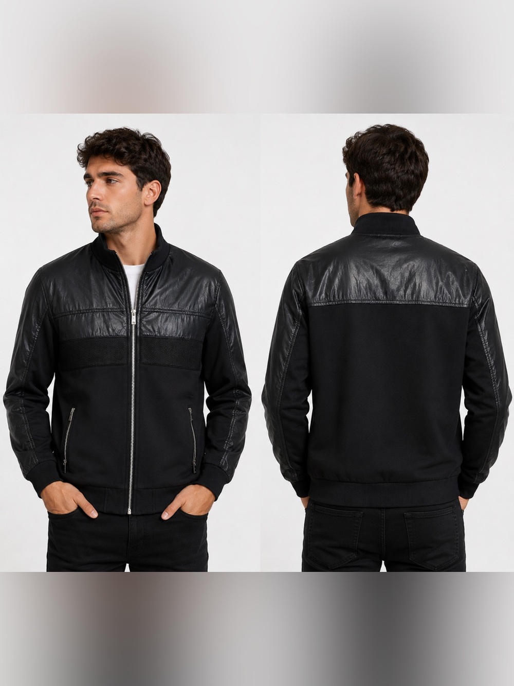 Men's Black Mixed-Material Bomber Jacket